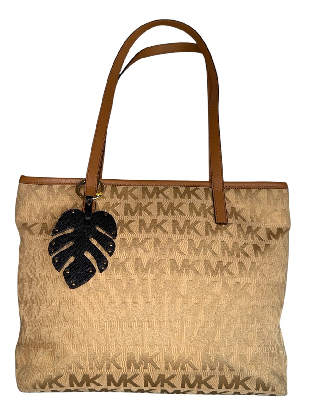 Michael Kors Beige & Tan Signature Logo Tote w/Studded Black Leaf Bag Charm